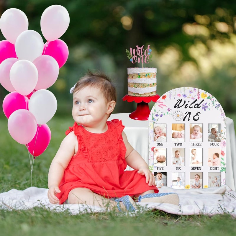 RANERVZ My First Year Photo Display Sign from 1-12 Months Wild One Flower Wooden Picture Frame for 1st Birthday Party Decorations Milestone Monthly Board for Girl One Birthday Nursery Decor Baby Keepsake Gift - Image 3